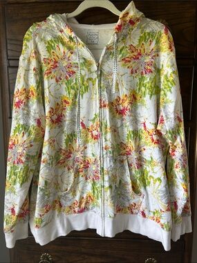 Three Hearts Cotton White Hooded Zip-Up with Floral Print, Size 1X